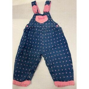 Vintage Osh Kosh B'Gosh 24M 2T Overalls Blue Denim Girls Patterned Ducks Pink